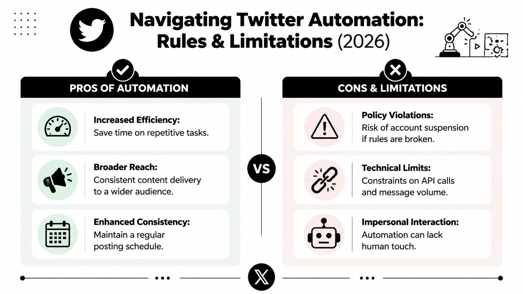 An infographic comparing the pros and cons of using automation tools on the Twitter platform.