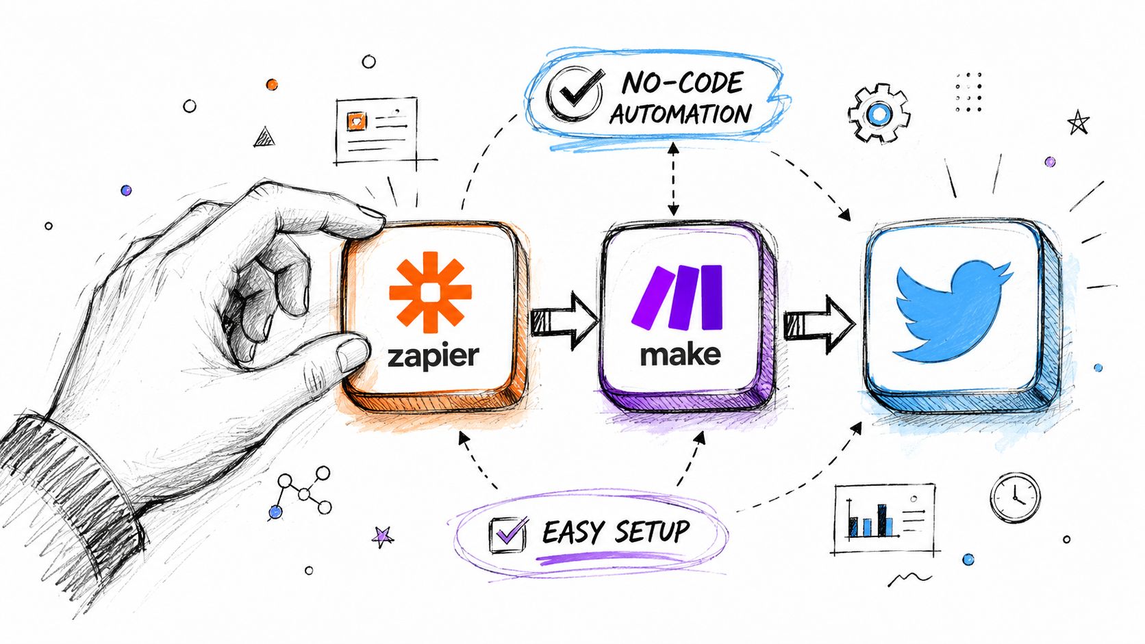 A hand placing a Zapier icon next to Make and Twitter logos representing no-code automation workflows.
