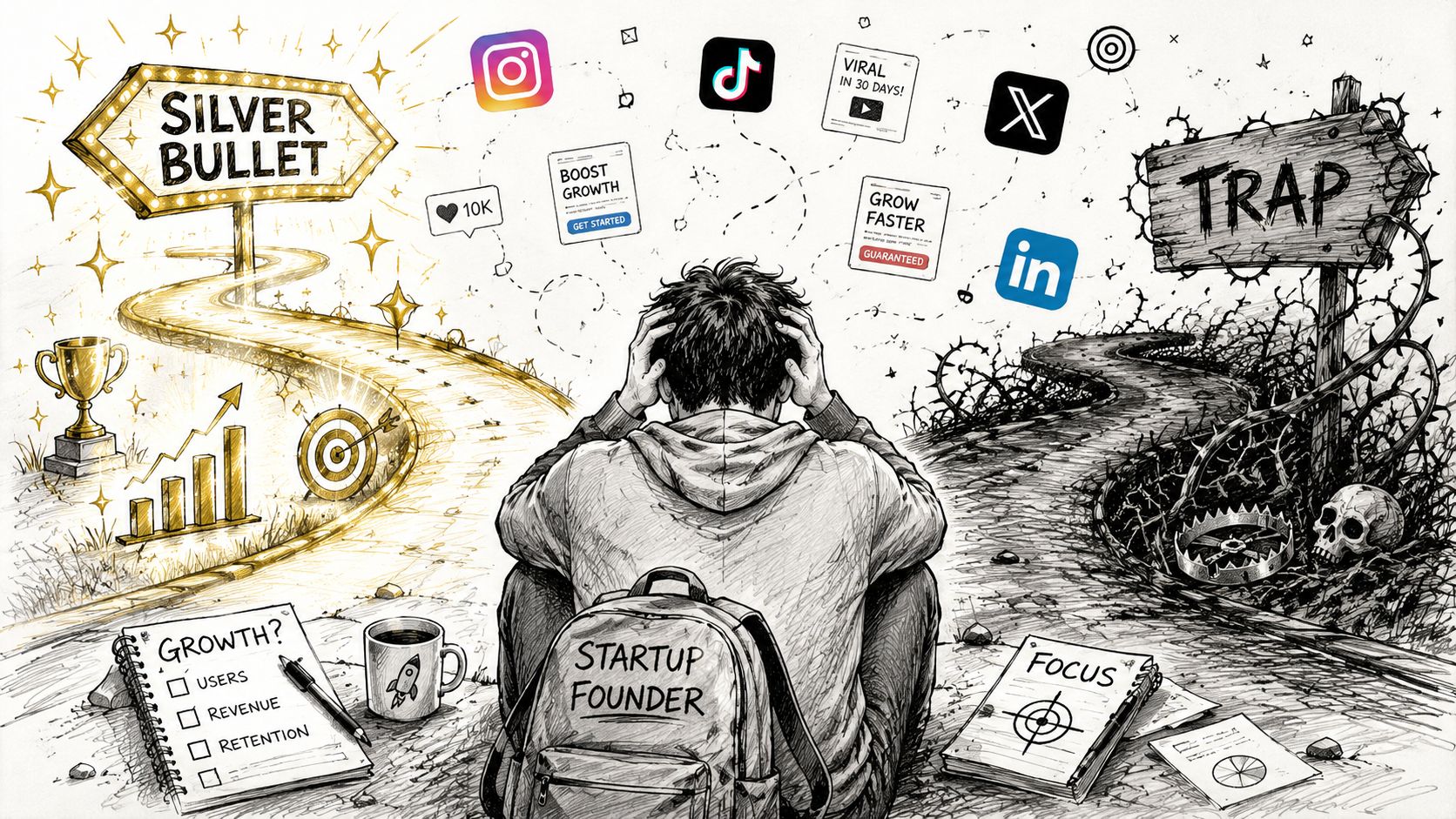 A stressed startup founder choosing between a golden growth path and a dangerous social media trap.