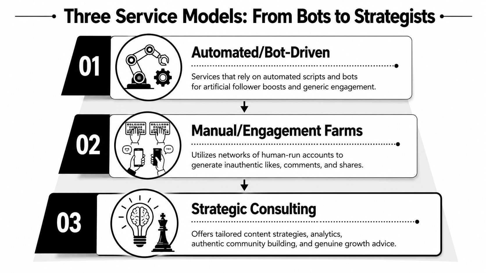 A diagram illustrating three service models for social media growth, ranging from automated bots to strategic consulting.