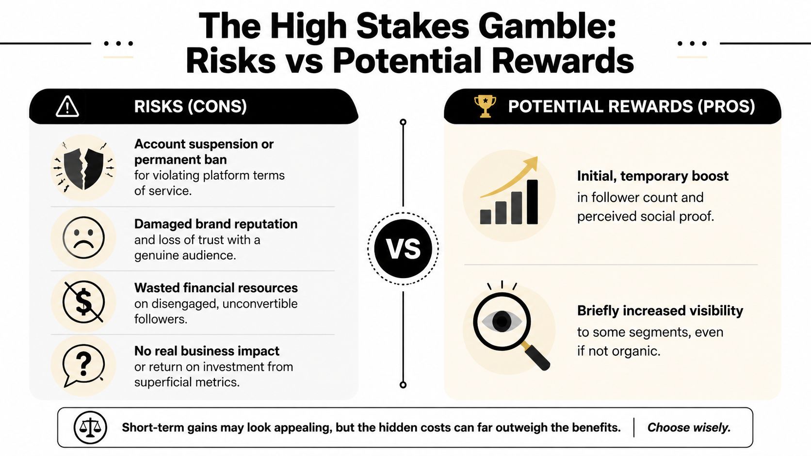 A comparison infographic showing risks and potential rewards of using unethical social media growth services.